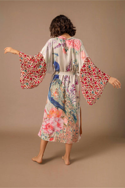 Rosa Clothing - Retro Oriental Peacock Kimono Beach CoverUp Lounge Robe: White / M