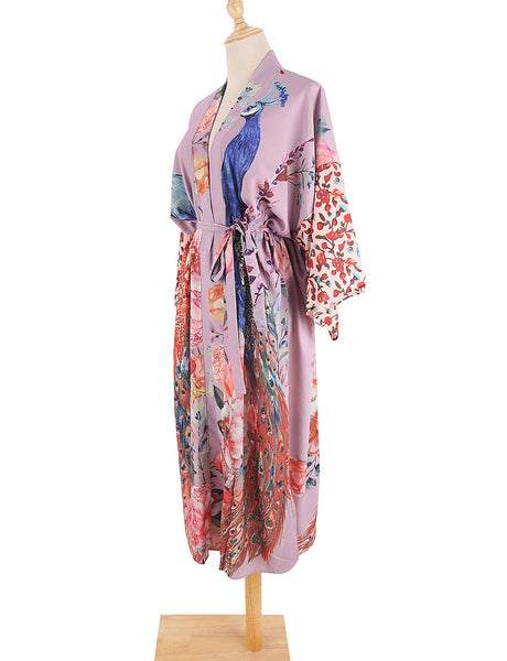 Rosa Clothing - Retro Oriental Peacock Kimono Beach CoverUp Lounge Robe: White / M