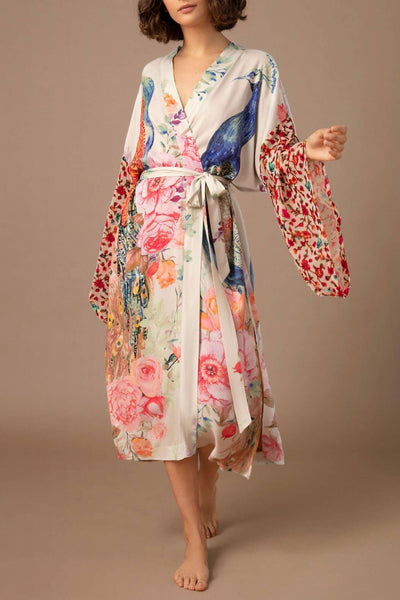 Rosa Clothing - Retro Oriental Peacock Kimono Beach CoverUp Lounge Robe: White / M