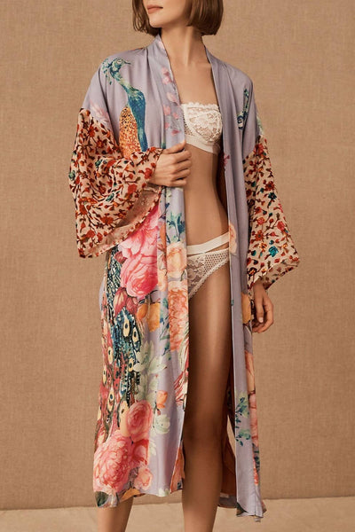 Rosa Clothing - Retro Oriental Peacock Kimono Beach CoverUp Lounge Robe: White / M