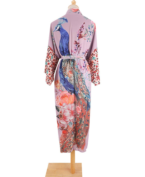 Rosa Clothing - Retro Oriental Peacock Kimono Beach CoverUp Lounge Robe: White / M