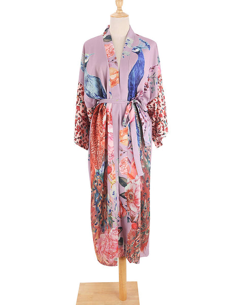 Rosa Clothing - Retro Oriental Peacock Kimono Beach CoverUp Lounge Robe: White / M