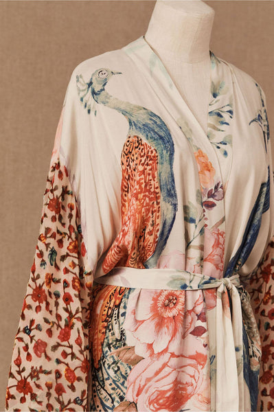 Rosa Clothing - Retro Oriental Peacock Kimono Beach CoverUp Lounge Robe: White / M